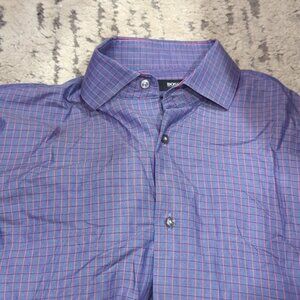 Hugo Boss regular fit purple with pink stripe plaid long sleeve dress shirt